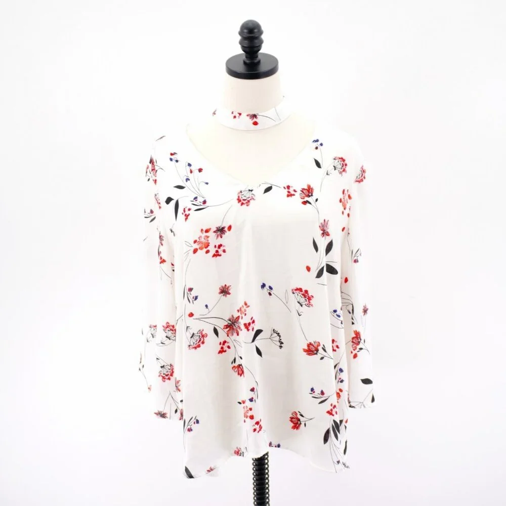 A.N.A. XL Sheer V-Neck W/ Choker White Black Red Sheer Floral Blouse Top Long Sl